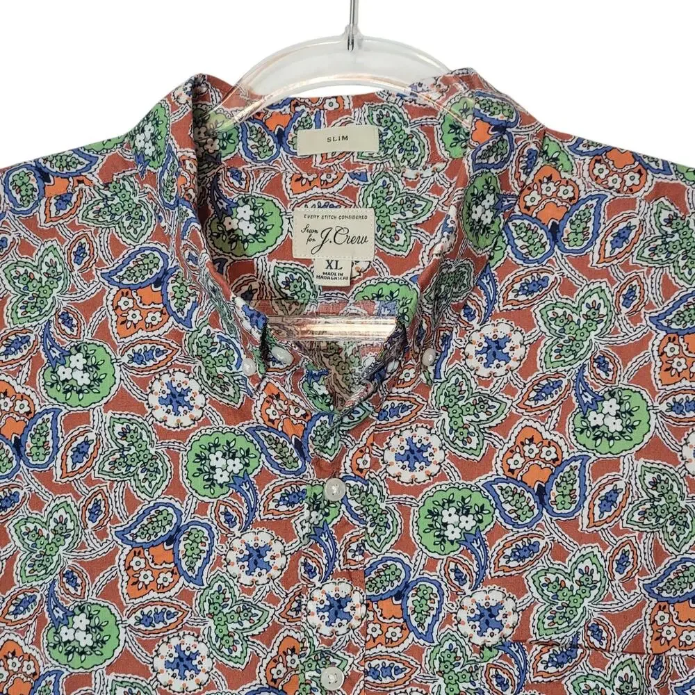 J. Crew Paisley Floral Short Sleeve Button Down Slim Shirt Blue Green Size XL
